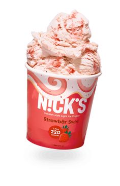 a cup of ice cream with strawberries on top and the words nick's