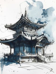 an ink drawing of a chinese building