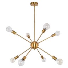 a brass chandelier with six lights hanging from the ceiling and five bulbs on each end