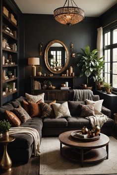 a living room filled with furniture and a large mirror on the wall above it's windows