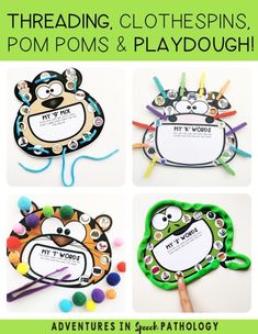 four different pictures with the words, threading clothespins, pom poms and playdough