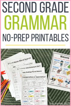 the second grade grammar no prep printables are shown in green and pink, with text