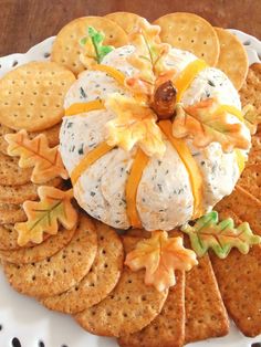 a white plate topped with crackers and cheese