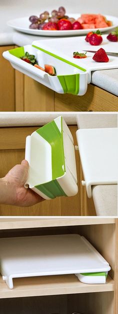 two pictures show the different stages of cutting vegetables and making salads in their own kitchen