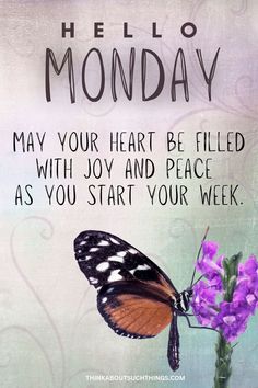 a card with a butterfly on it saying, hello monday may your heart be filled with joy and peace as you start your week