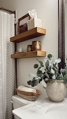 a bathroom with a sink, toilet and shelves above the bathtub is decorated with greenery