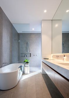 a bathroom with a large bathtub next to a sink