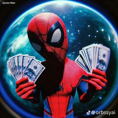 a spider man holding money in his hands