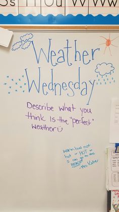 a white board with writing on it that says weather wednesday