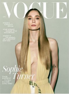 a woman with long blonde hair is featured on the cover of a magazine, wearing a yellow dress