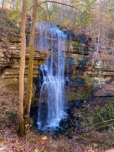 a large waterfall in the middle of a forest