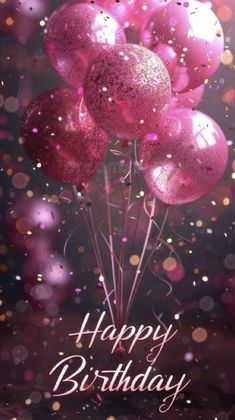 happy birthday card with pink balloons and confetti on dark background royalty illustration stock photo