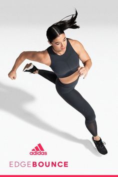 a woman in tights and sports bra running with the adidas edge bounce logo behind her