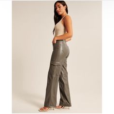 Never Worn - Abercrombie The 90s High Rise Cargo Jean In Vegan Leather Fitted 90s Inspired Bottoms With Pockets, Burnt Orange Jumpsuit, Bell Sleeve Romper, Relaxed Jeans, High Rise Pants, Rompers Women, High Jeans, Distressed Denim, Abercrombie Fitch