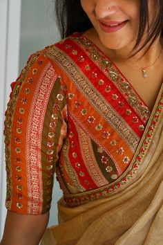 Patchwork Saree Blouse, Patchwork Blouses For Sarees, Madhubani Saree Blouse Design, Stripes Saree Blouse Designs, Banarasi Sari Blouse Designs, Kalamkari Work Blouse Designs, Stripes Blouse Designs, Printed Blouse Designs For Saree, Kalamkari Work Blouse