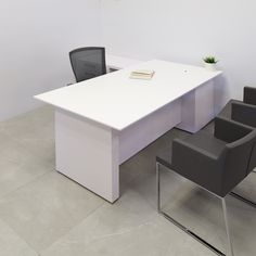 an office desk with chairs and a potted plant in the corner next to it