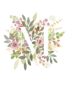 the letter n is made up of flowers and leaves on a white background with oranges, pinks, and green