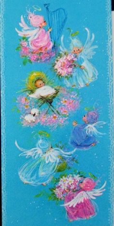 an old fashioned christmas card with angels and flowers on blue background, in pastel colors