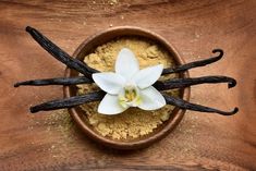 an orchid in a wooden bowl with vanilla sticks