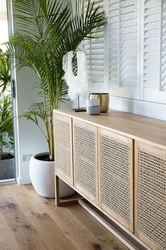 a plant is sitting on top of a wooden cabinet