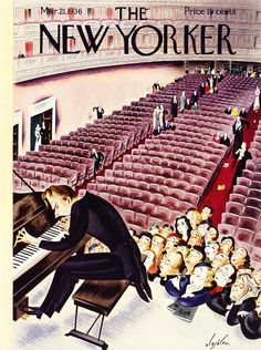 an illustration of a man playing the piano in front of a crowd of people sitting on red seats