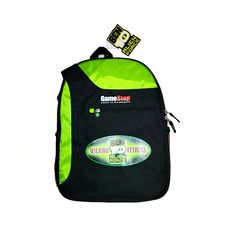 a black and green back pack with an advertise sticker on the front