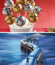 there are two pictures with different food items in the same photo and one has an image of a train on it