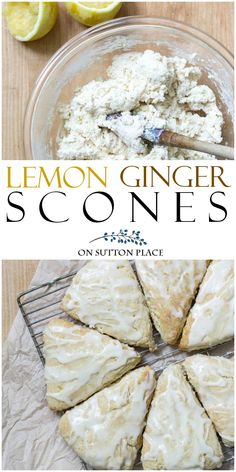 lemon ginger scones on a cooling rack and in a glass bowl with the recipe title above it