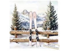 watercolor painting of pair of skis on wooden fence in snowy landscape with pine trees