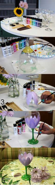 there are three pictures of different vases with flowers in them and one is being painted