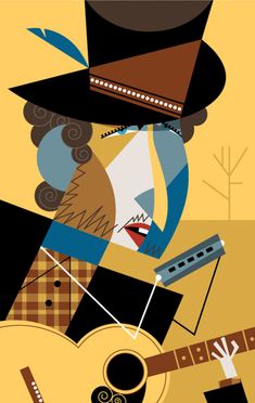 an illustration of a man with a guitar and hat on his head, playing the guitar