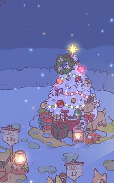 an animated christmas tree in the middle of a snow covered field with presents around it