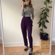 Purple Pants Aesthetic, Dark Purple Pants Outfit, Purple Pants Outfit Work, Purple Cargo Pants Outfit, Purple Pants Outfit, Non Binary Outfits, Corduroy Pants Outfit, Pants Outfit Work, Cute Modest Outfits