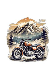 an orange and black motorcycle parked in front of a mountain with pine trees on it