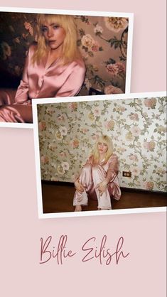 two photos of women in pink dresses sitting next to each other on a floral wallpapered background