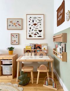 a child's desk and chair in the corner of a room with pictures on the wall