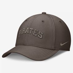 a baseball cap with the word pirates on it in grey and black, against a white background