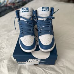 Authentic 2023 Air Jordan 1 Retro High Og "True Blue". Excellent Condition, No Strains Or Tears. Bottom Soles Slightly Dirty From Minimal Use. Boys Size: 7 = Women's Size 8 Retired Sneaker Head #Jordan1s #Sneakerhead #Streetwear Blue Nike Shoes Women, Dark Blue Air Jordans, Blue Nike Jordans, Shoes For High School, Jordan High Tops, Air Jordan Blue, Air Jordan 1 Blue, Cool Nike Shoes, Royal Blue Sneakers