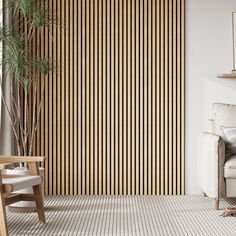 a living room with a white couch and wooden wall