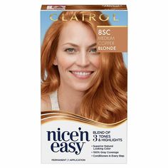 ,  New Clairol Nice'n Easy Permanent Hair Dye, 8SC Medium Copper Blonde Hair Color, 1 Count Description Clairol Nice n’ Easy permanent hair dye with a blend of 3 tones and highlights is a non-drip color cream designed for superior natural looking color. Long-lasting hair dye maintains color and shine for 8 weeks and comes in 50 shades with a fresh, floral scent. Gentle on hair and scalp*, providing 100% gray coverage. Discover our first permanent color that helps block damage. Includes condition Medium Copper Blonde Hair, Best Red Hair Dye, Ginger Hair Dyed, Box Hair Dye, Permanent Hair Dye Colors, Copper Blonde Hair Color, Easy Hair Color, Copper Blonde Hair, Shades Of Red Hair