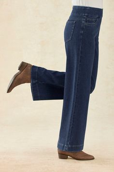 A fresh new style in our so-comfortable knit denim, updated with a modern leg shape. Our wide-leg jeans feature a flat pull-on waistband, with faux fly and 5-pocket styling. Pull On Jeans For Women, Wide Leg Jeans Shoes, Knit Denim, Pull On Jeans, Jeans For Women, Wide Leg Denim, Trouser Jeans, Wide Leg Jeans, New Style