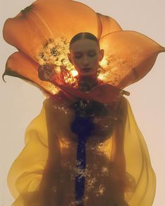 an image of a woman with flowers on her head and body in front of a white background