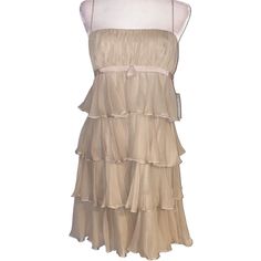 Spaghetti Strap Dress Ruffle Design Size 14 Style 899 B27 Court Style Dress, Short Tan Dress, Ruffled Dress, Tan Dress Outfit, White Hoco Dress, Cream Formal Dresses, Beige Dress Outfit, Vintage Homecoming Dresses, Jovani Dresses