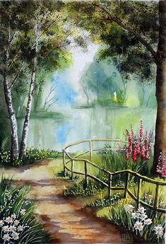 a painting of a path leading to a lake with trees and flowers on either side