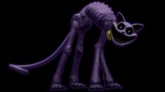 an animated purple cat with big eyes and long legs, standing on one leg in the dark