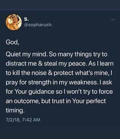 a tweet with the caption god, quiet mind so many things try to distract me & steal my peace