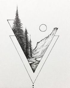 a triangle with trees and mountains in the middle, on top of a white background