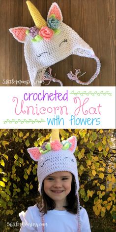 5 Little Monsters: Crocheted Unicorn Hat with Flowers Crocheted Unicorn, Crochet Unicorn Hat, Crochet Flower Hat, Hat With Flowers, Crochet Unicorn Pattern, Unicorn Hat, شال كروشيه, Crochet Kids Hats