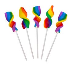 six colorful lollipops are on a white background