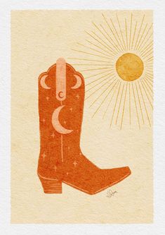 an orange cowboy boot with the moon and sun in the background